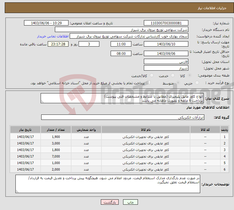 تصویر کوچک آگهی نیاز انتخاب تامین کننده-انواع کاور عایق پلیمیری (مطابق با شرایط و مشخصات فنی پیوست) پرداخت 6 ماهه و بصورت ماهانه می باشد