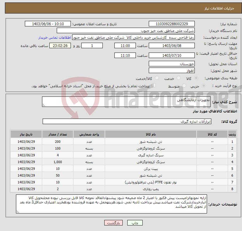 تصویر کوچک آگهی نیاز انتخاب تامین کننده-تجهیزات آزمایشگاهی