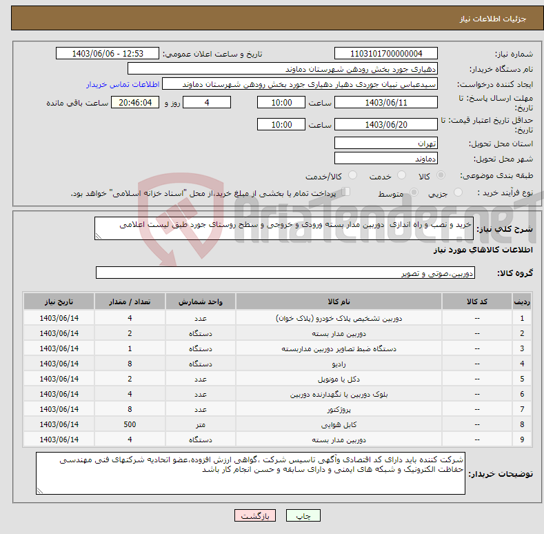 تصویر کوچک آگهی نیاز انتخاب تامین کننده-خرید و نصب و راه اندازی دوربین مدار بسته ورودی و خروجی و سطح روستای جورد طبق لیست اعلامی