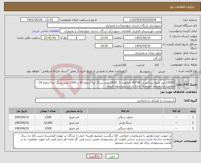 تصویر کوچک آگهی نیاز انتخاب تامین کننده-12000 متر مربع سنگفرش 40*40 ضخامت 3، 1500 عدد سنگ لبه ارتفاع 30 و 3500 عدد سنگ لبه ارتفاع 20 مطابق مشخصات خواسته شده در فرم پیشنهاد قیمت