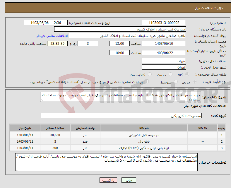 تصویر کوچک آگهی نیاز انتخاب تامین کننده-خرید مجموعه کابل الکتریکی به همراه لوازم جانبی و متعلقات و تابلو برق طبق لیست پیوست جهت ساختمان شماره2