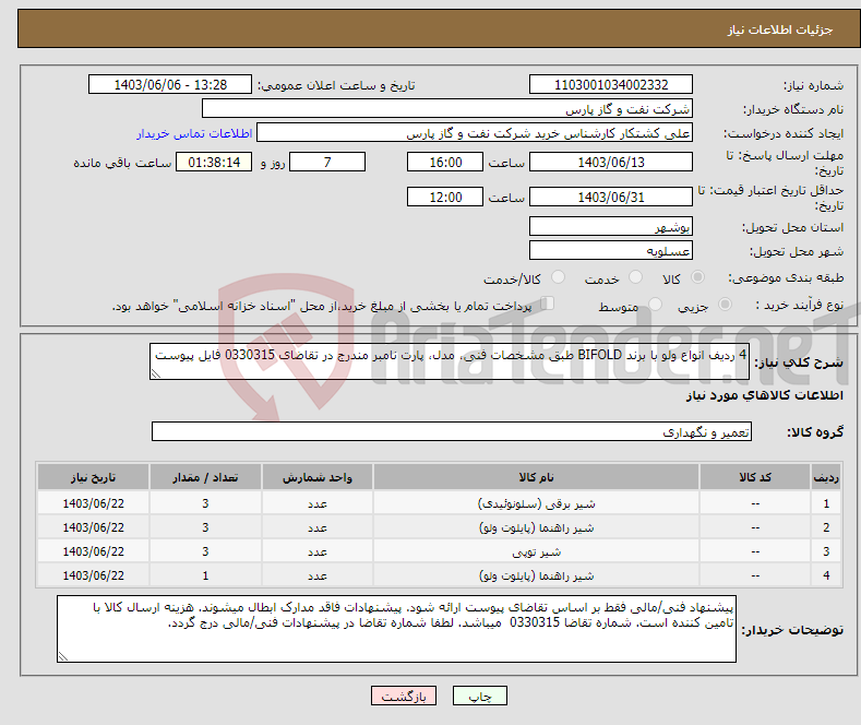 تصویر کوچک آگهی نیاز انتخاب تامین کننده-4 ردیف انواع ولو با برند BIFOLD طبق مشخصات فنی، مدل، پارت نامبر مندرج در تقاضای 0330315 فایل پیوست