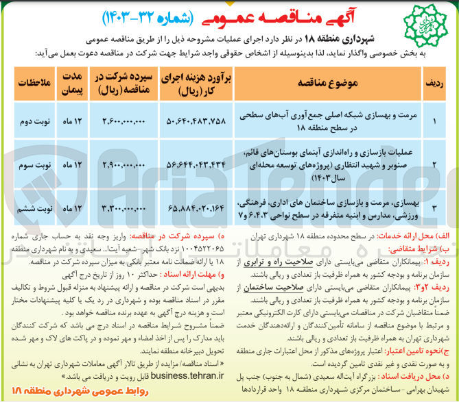 تصویر کوچک آگهی عملیات بازسازی و راه اندازی آبنمای بوستان قائم ،صنوبر و شهید انتظاری (پروژه های توسعه محله ای سال 1403)