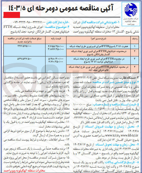 تصویر کوچک آگهی در محدوده خیابانهای FTTH اجرای فیبر نوری ایجاد شبکه گلسار و فرزانگان یاسوج
