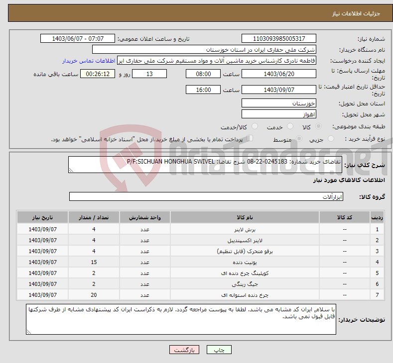 تصویر کوچک آگهی نیاز انتخاب تامین کننده-تقاضای خرید شماره: 0245183-22-08 شرح تقاضا: P/F:SICHUAN HONGHUA SWIVEL
