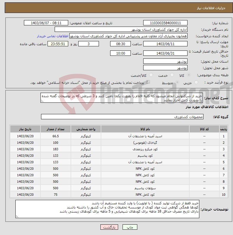 تصویر کوچک آگهی نیاز انتخاب تامین کننده-خرید از شرکتهایی انجام میشود که کلیه اقلام را بصورت یکجا تامین کنند و 3 شرطی که در توضیحات گفته شده را بصورت کامل احراز نمایند 