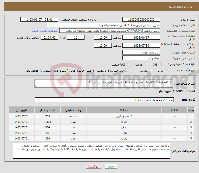 تصویر کوچک آگهی نیاز انتخاب تامین کننده-72 قلم نوشت افزار به تعداد و مشخصات درخواستی در فایل ضمیمه 