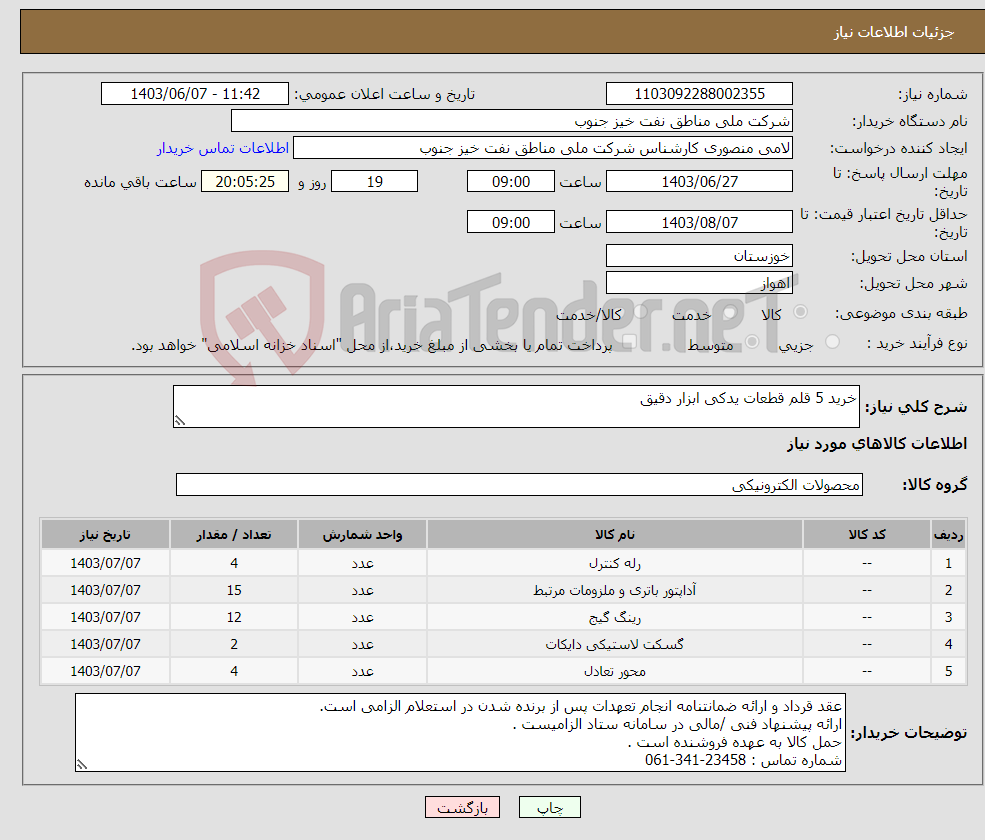 تصویر کوچک آگهی نیاز انتخاب تامین کننده-خرید 5 قلم قطعات یدکی ابزار دقیق
