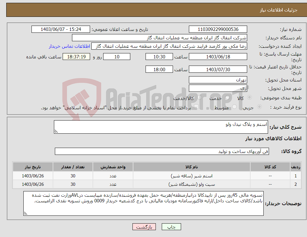 تصویر کوچک آگهی نیاز انتخاب تامین کننده-استم و پلاگ نیدل ولو 