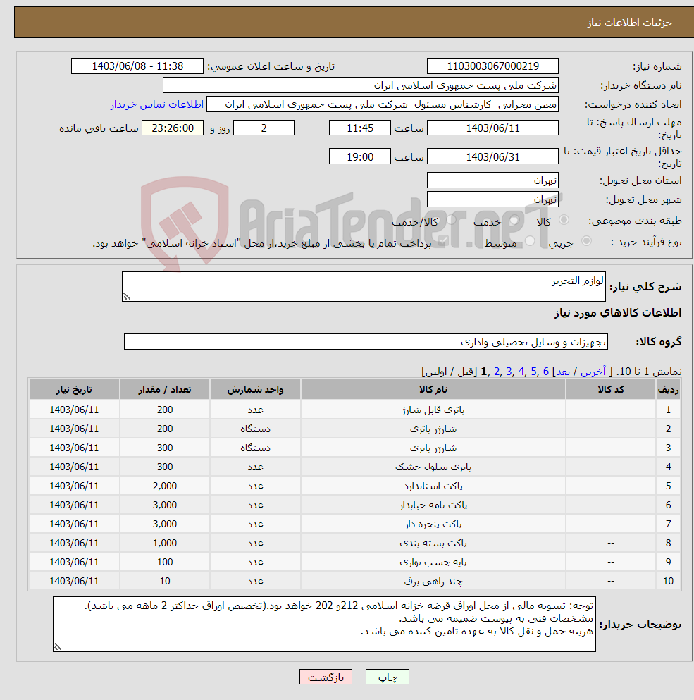تصویر کوچک آگهی نیاز انتخاب تامین کننده-لوازم التحریر 