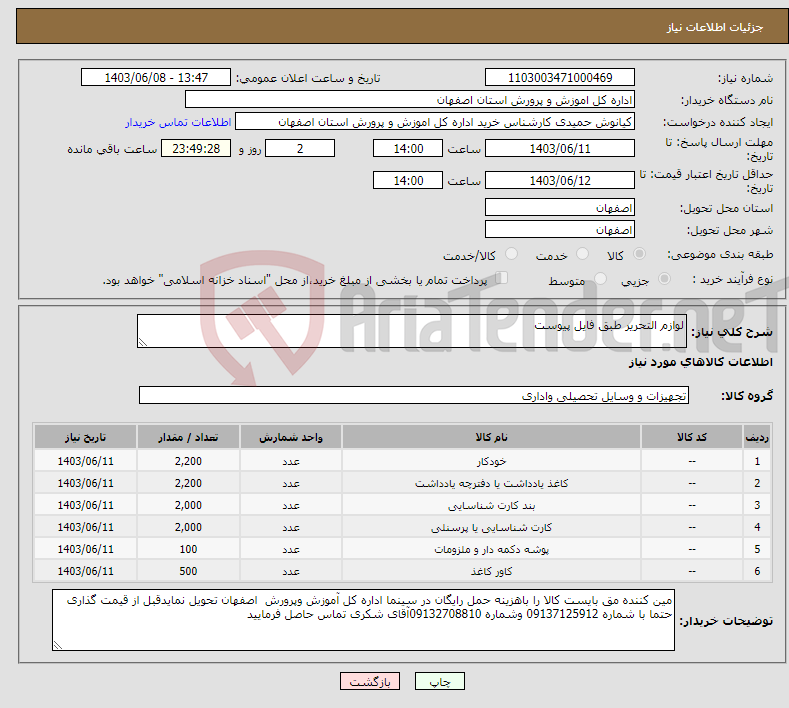 تصویر کوچک آگهی نیاز انتخاب تامین کننده-لوازم التحریر طبق فایل پیوست 