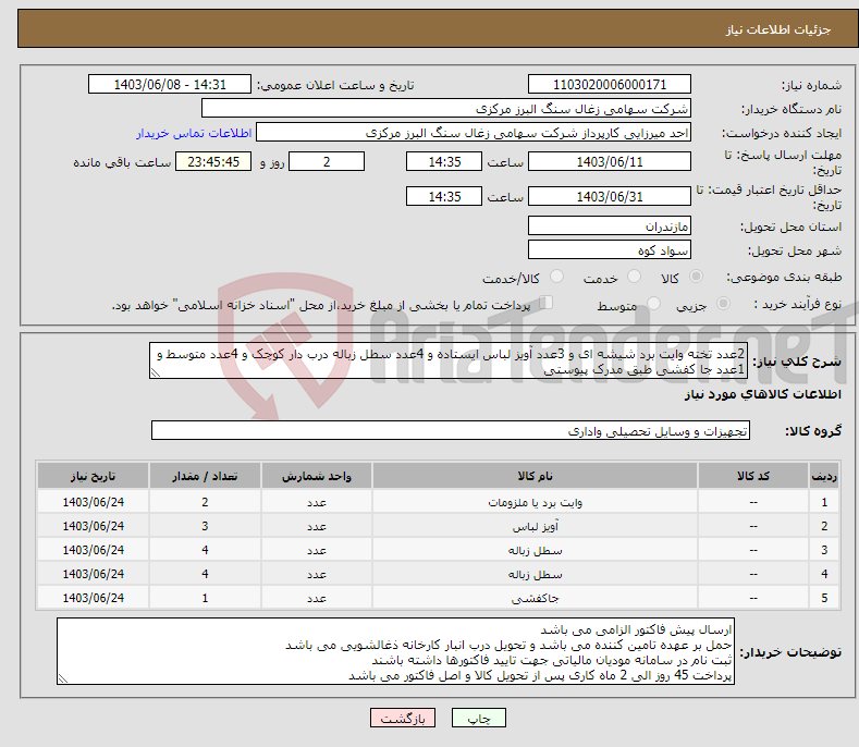 تصویر کوچک آگهی نیاز انتخاب تامین کننده-2عدد تخته وایت برد شیشه ای و 3عدد آویز لباس ایستاده و 4عدد سطل زباله درب دار کوچک و 4عدد متوسط و 1عدد جا کفشی طبق مدرک پیوستی