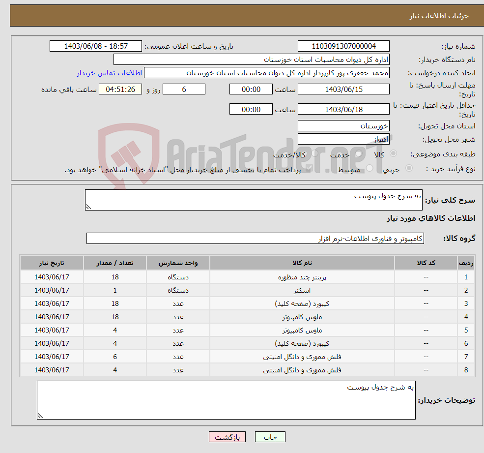 تصویر کوچک آگهی نیاز انتخاب تامین کننده-به شرح جدول پیوست