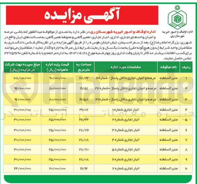 تصویر کوچک آگهی واگذاری عرصه و اعیان واحد های تجاری ،اداری ،انبار تجاری ،تعمیرگاهی و محوطه تعمیر گاهی 