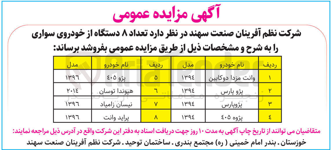 تصویر کوچک آگهی فروش تعداد 8 دستگاه خودرو سواری شامل :
وانت مزدا دوکابین -پژو پارس -پژو 405