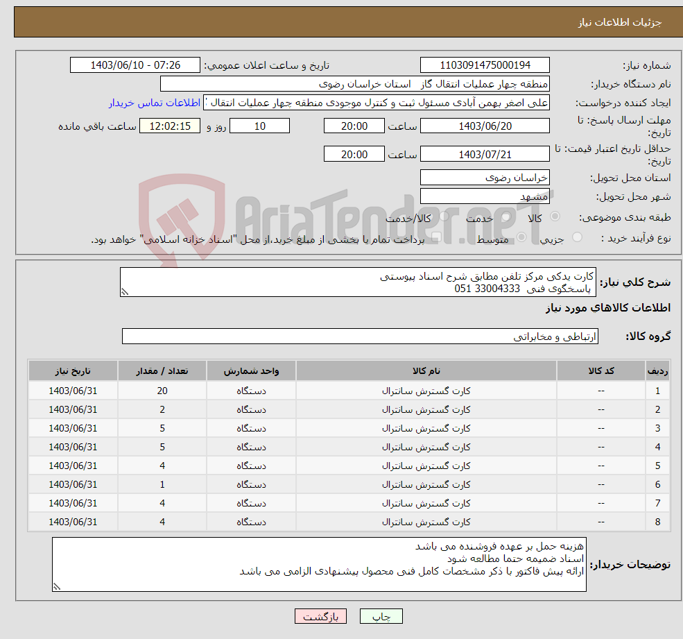 تصویر کوچک آگهی نیاز انتخاب تامین کننده-کارت یدکی مرکز تلفن مطابق شرح اسناد پیوستی پاسخگوی فنی 33004333 051