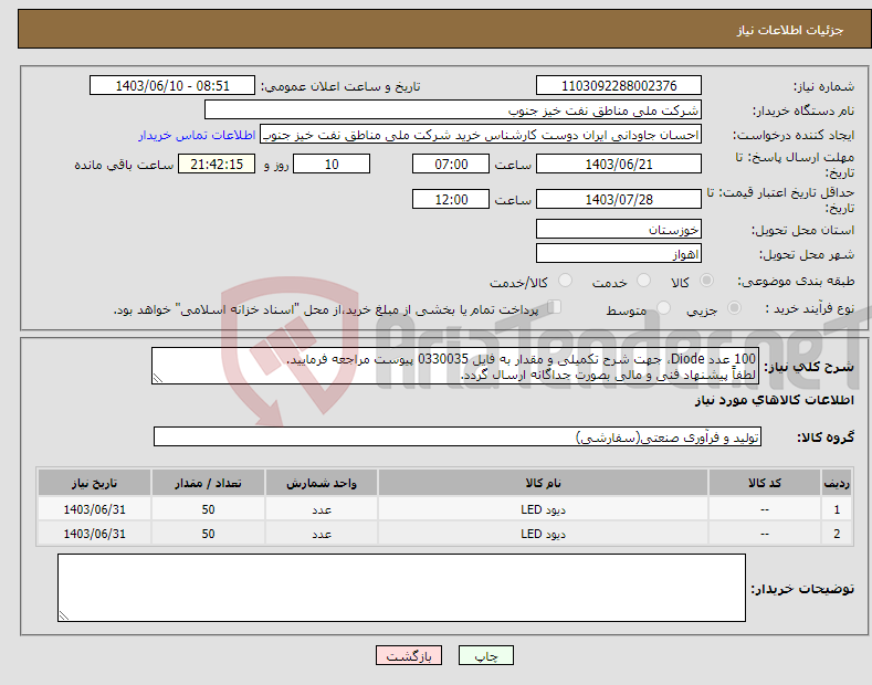 تصویر کوچک آگهی نیاز انتخاب تامین کننده-100 عدد Diode، جهت شرح تکمیلی و مقدار به فایل 0330035 پیوست مراجعه فرمایید. لطفاً پیشنهاد فنی و مالی بصورت جداگانه ارسال گردد.