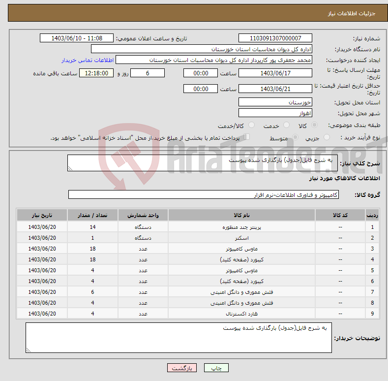 تصویر کوچک آگهی نیاز انتخاب تامین کننده- به شرح فایل(جدول) بارگذاری شده پیوست
