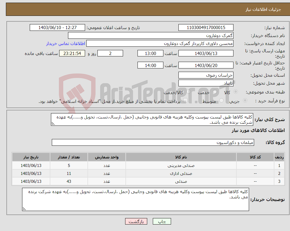 تصویر کوچک آگهی نیاز انتخاب تامین کننده-کلیه کالاها طبق لیست پیوست وکلیه هزینه های قانونی وجانبی (حمل ،ارسال،تست، تحویل و......)به عهده شرکت برنده می باشد.