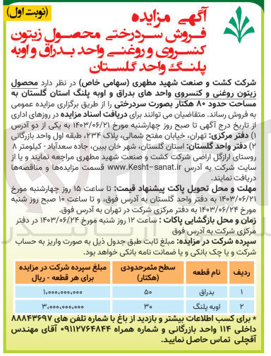 تصویر کوچک آگهی فروش محصول زیتون روغنی و کنسروی واحدهای بدراق و اوبه پلنگ استان گلستان به مساحت حدود ۸۰ هکتار بصورت سردرختی