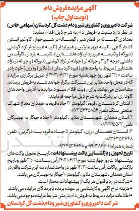 تصویر کوچک آگهی فروش تعدادی دام شامل :
گوساله نر قطع شیر ،گوساله نر شیر خوار ،گاو غیر آبستن کشتار گاهی ،تلیسه فری مارتین و غیر باردار ،تلیسه باردار ،گاو آبستن داشتی درجه 2 و3 و....