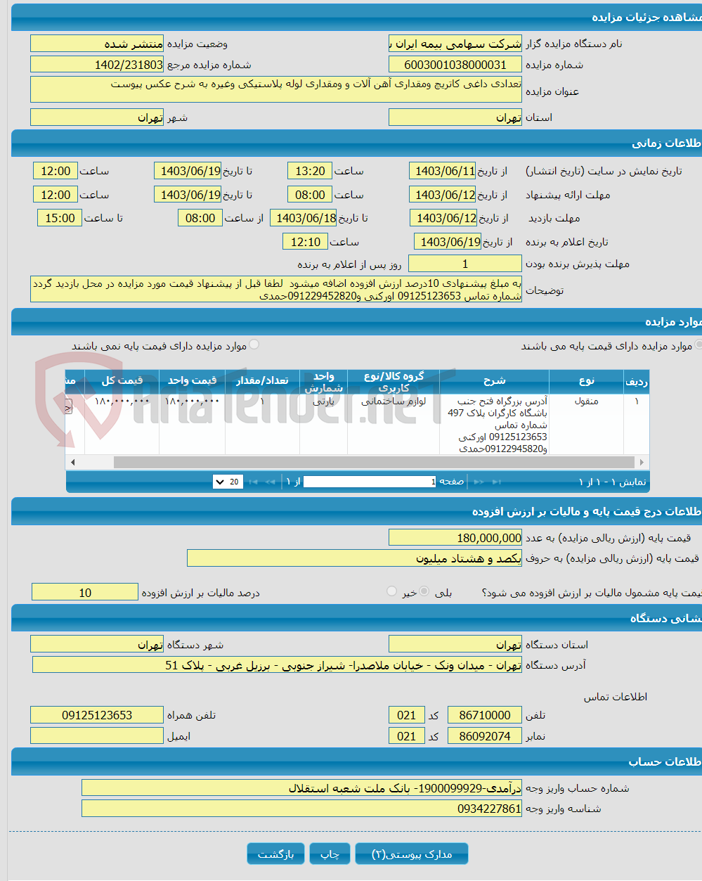 تصویر کوچک آگهی تعدادی داغی کاتریچ ومقداری آهن آلات و ومقداری لوله پلاستیکی وغیره به شرح عکس پیوست