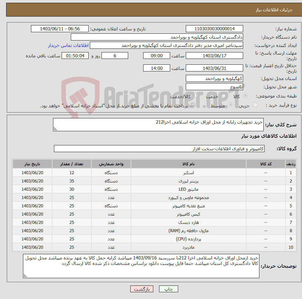تصویر کوچک آگهی نیاز انتخاب تامین کننده-خرید تجهیزات رایانه از محل اوراق خزانه اسلامی اخزا212