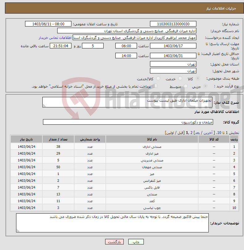 تصویر کوچک آگهی نیاز انتخاب تامین کننده-تجهیزات مبلمان اداری طبق لیست پیوست