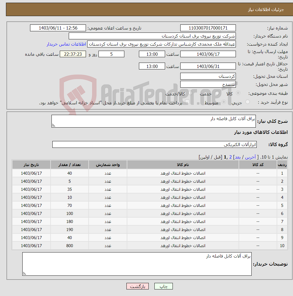 تصویر کوچک آگهی نیاز انتخاب تامین کننده-یراق آلات کابل فاصله دار 