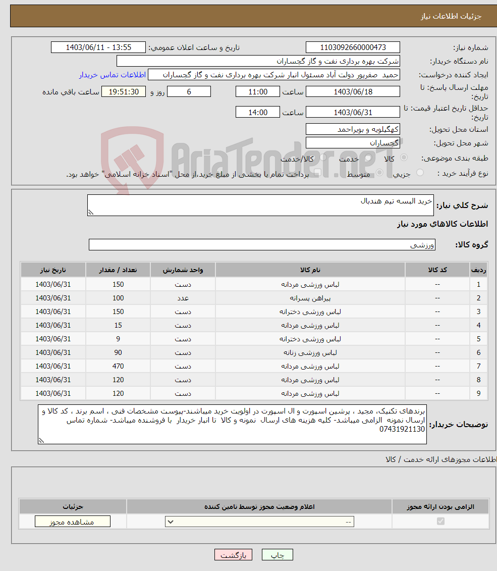 تصویر کوچک آگهی نیاز انتخاب تامین کننده-خرید البسه تیم هندبال