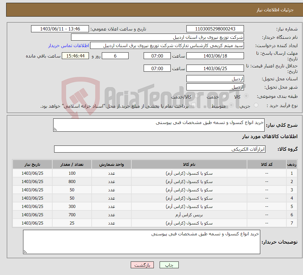 تصویر کوچک آگهی نیاز انتخاب تامین کننده-خرید انواع کنسول و تسمه طبق مشخصات فنی پیوستی