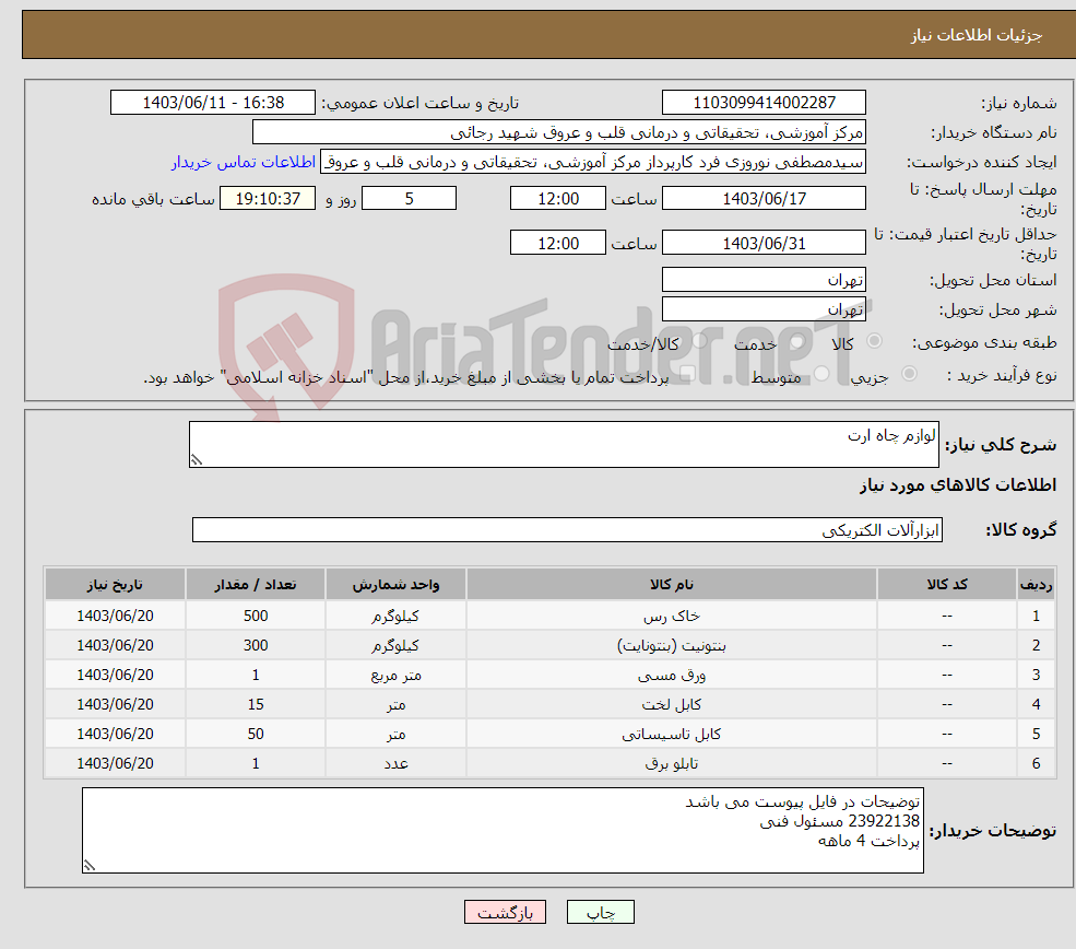 تصویر کوچک آگهی نیاز انتخاب تامین کننده-لوازم چاه ارت