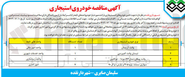 تصویر کوچک آگهی جهت تامین خودروهای استیجاری با راننده مورد نیاز خود و واحدهای تابعه :
وانت آریسان
نیسان وانت کمپرسی
وانت پیکان (مدل ۹۳) مزدا - دو کابین
سواری سمند پژو (۴۰۵ و پارس) و ال ۹۰