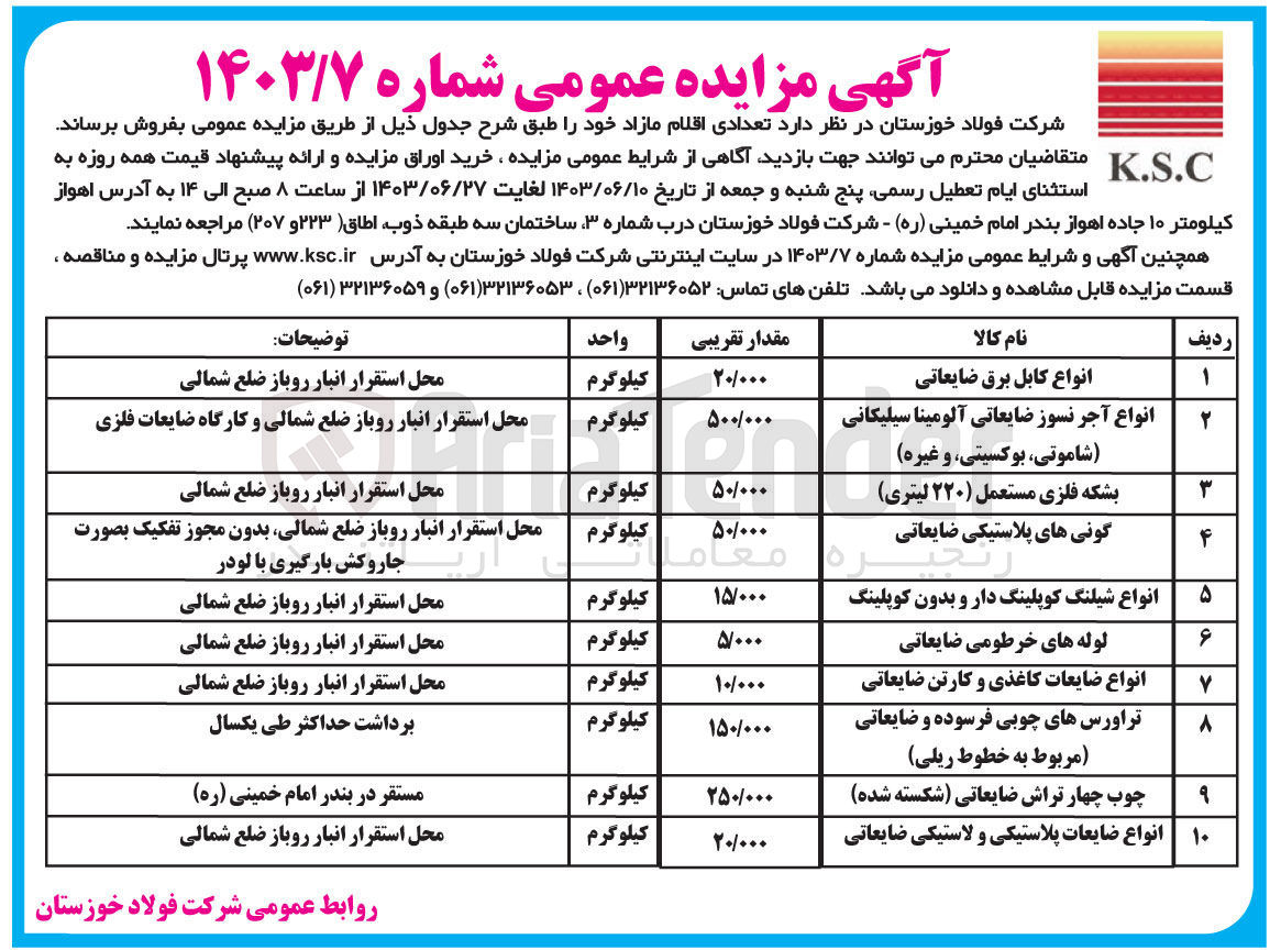 تصویر کوچک آگهی فروش تعدادی اقلام مازاد در 10 ردیف شامل :
انواع کابل برق ضایعاتی -چوب چهار تراش ضایعاتی -انواع ضایعات پلاستیکی و لاستیکی -انواع شیلنگ کوپلینگ دار و بدون کوپلینگ -لوله های خرطومی ضایعاتی و....