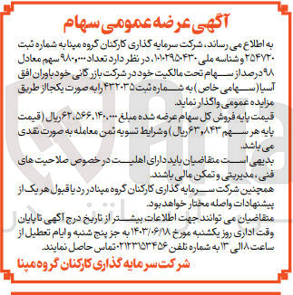 تصویر کوچک آگهی فروش تعداد ۹۸۰,۰۰۰ سهم معادل ۹۸ درصد از سهام تحت مالکیت خود در شرکت بازرگانی خود باوران افق آسیا 
