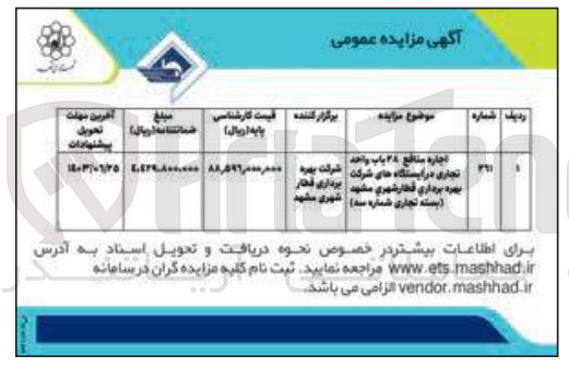 تصویر کوچک آگهی اجاره منافع 28 باب واحد تجاری در ایستگاه های شرکت بهره برداری قطار شهری مشهد (بسته تجاری شماره سه)