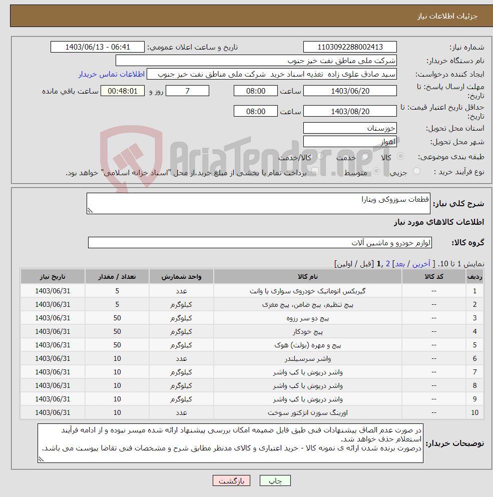 تصویر کوچک آگهی نیاز انتخاب تامین کننده-قطعات سوزوکی ویتارا