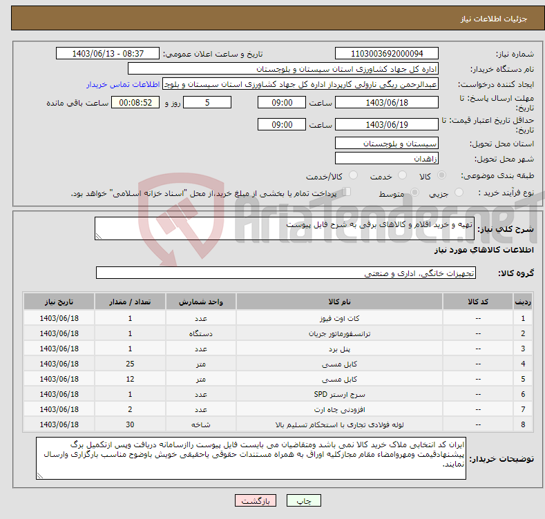 تصویر کوچک آگهی نیاز انتخاب تامین کننده-تهیه و خرید اقلام و کالاهای برقی به شرح فایل پیوست