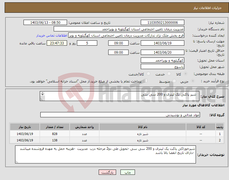 تصویر کوچک آگهی نیاز انتخاب تامین کننده- شیر پاکتی یک لیتری و 200 سی سی 
