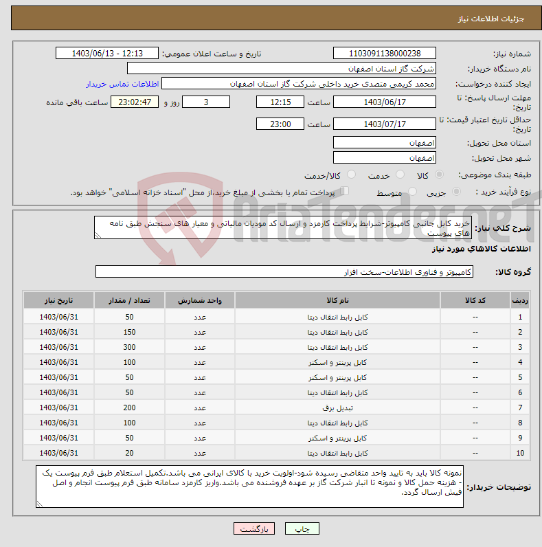 تصویر کوچک آگهی نیاز انتخاب تامین کننده-خرید کابل جانبی کامپیوتر-شرایط پرداخت کارمزد و ارسال کد مودیان مالیاتی و معیار های سنجش طبق نامه های پیوست