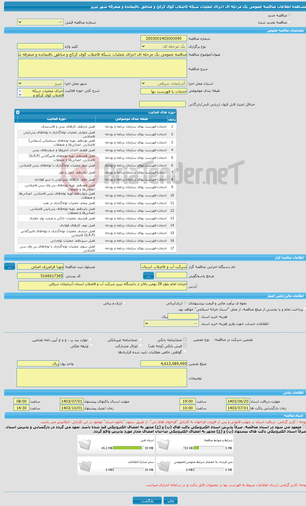 تصویر کوچک آگهی مناقصه عمومی یک مرحله ای اجرای عملیات شبکه فاضلاب کوی کرکج و مناطق باقیمانده و متفرقه شهر تبریز