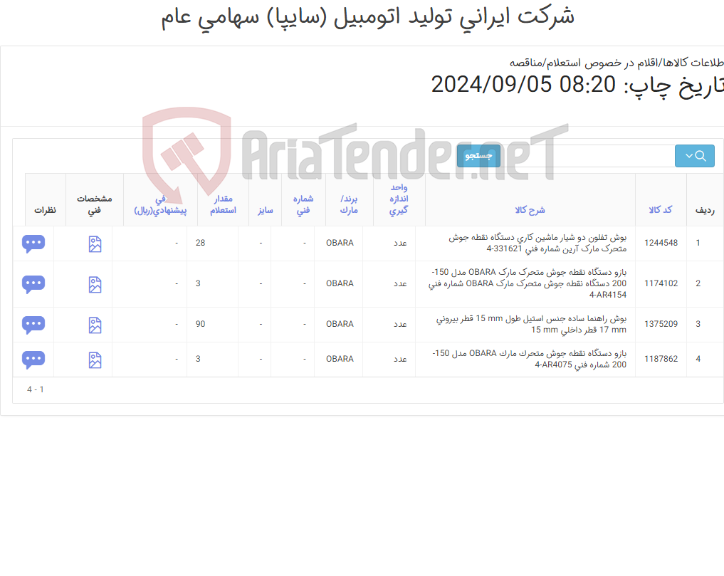 تصویر کوچک آگهی تامین چهار ردیف اقلام دستگاه نقطه جوش متحرک