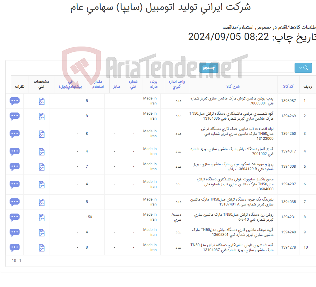 تصویر کوچک آگهی تامین ده ردیف اقلام یدکی ماشین تراش