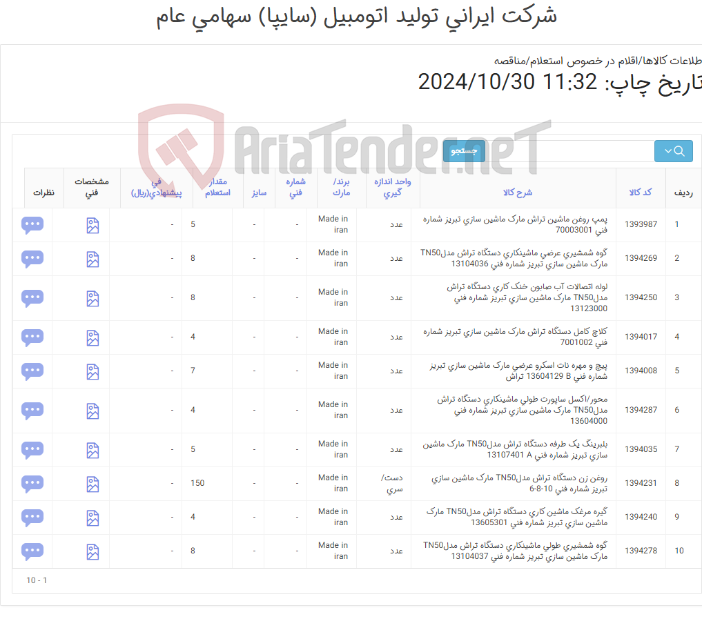 تصویر کوچک آگهی تامین ده ردیف اقلام یدکی ماشین تراش