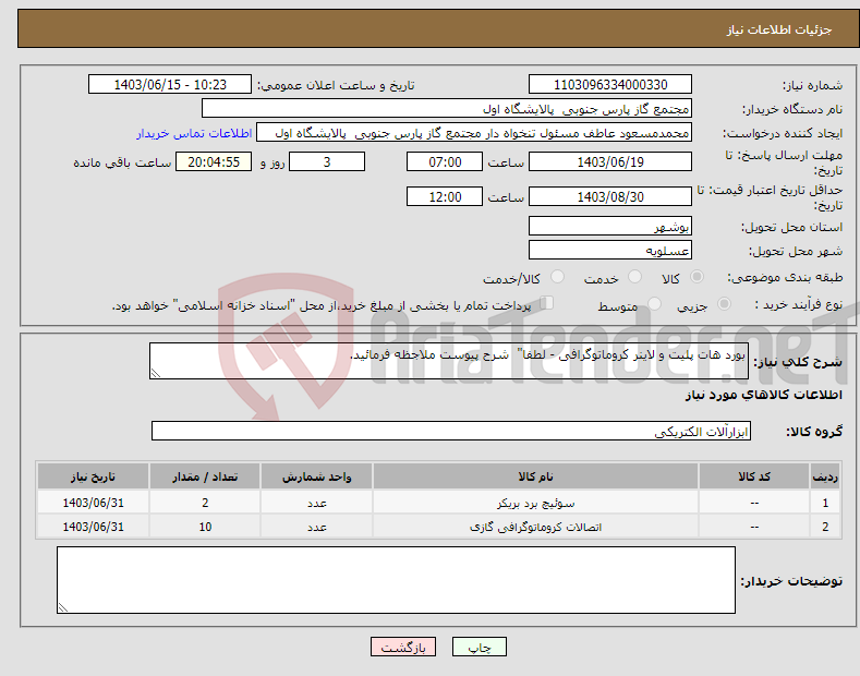 تصویر کوچک آگهی نیاز انتخاب تامین کننده-بورد هات پلیت و لاینر کروماتوگرافی - لطفا" شرح پیوست ملاجظه فرمائید.