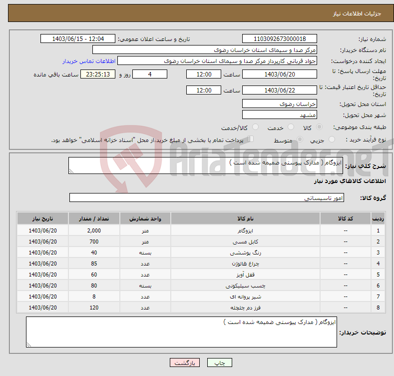 تصویر کوچک آگهی نیاز انتخاب تامین کننده-ایزوگام ( مدارک پیوستی ضمیمه شده است )
