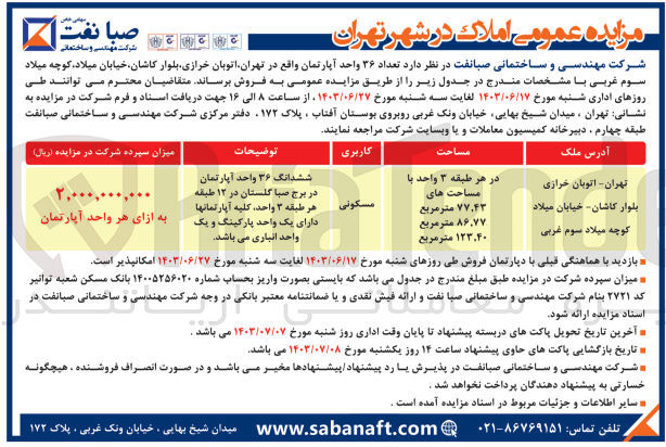 تصویر کوچک آگهی فروش تعداد ۳۶ واحد آپارتمان واقع در تهران با کاربری مسکونی