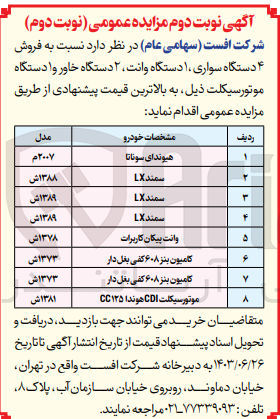 تصویر کوچک آگهی فروش 4 دستگاه سواری - 1 دستگاه وانت - 2 دستگاه خاور و 1 دستگاه موتور سیکلت ذیل به بالاترین قیمت:
هیوندای سوناتا- سمند lx- وانت پیکان کاربرات- کامیون بنز 608 کفی بغل دار- موتور سیکلت cdi هوندا cc125