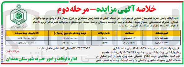 تصویر کوچک آگهی واگذاری دو قطعه زمین مسکونی به مساحت 218 و220 مترمربع 