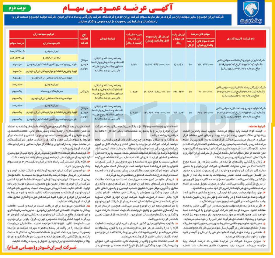 تصویر کوچک آگهی فروش سهام شرکت ایران خودرو کرمانشاه، شرکت بازرگانی پاساد دانا ایرانیان، شرکت تولید خودرو و صنعت خزر